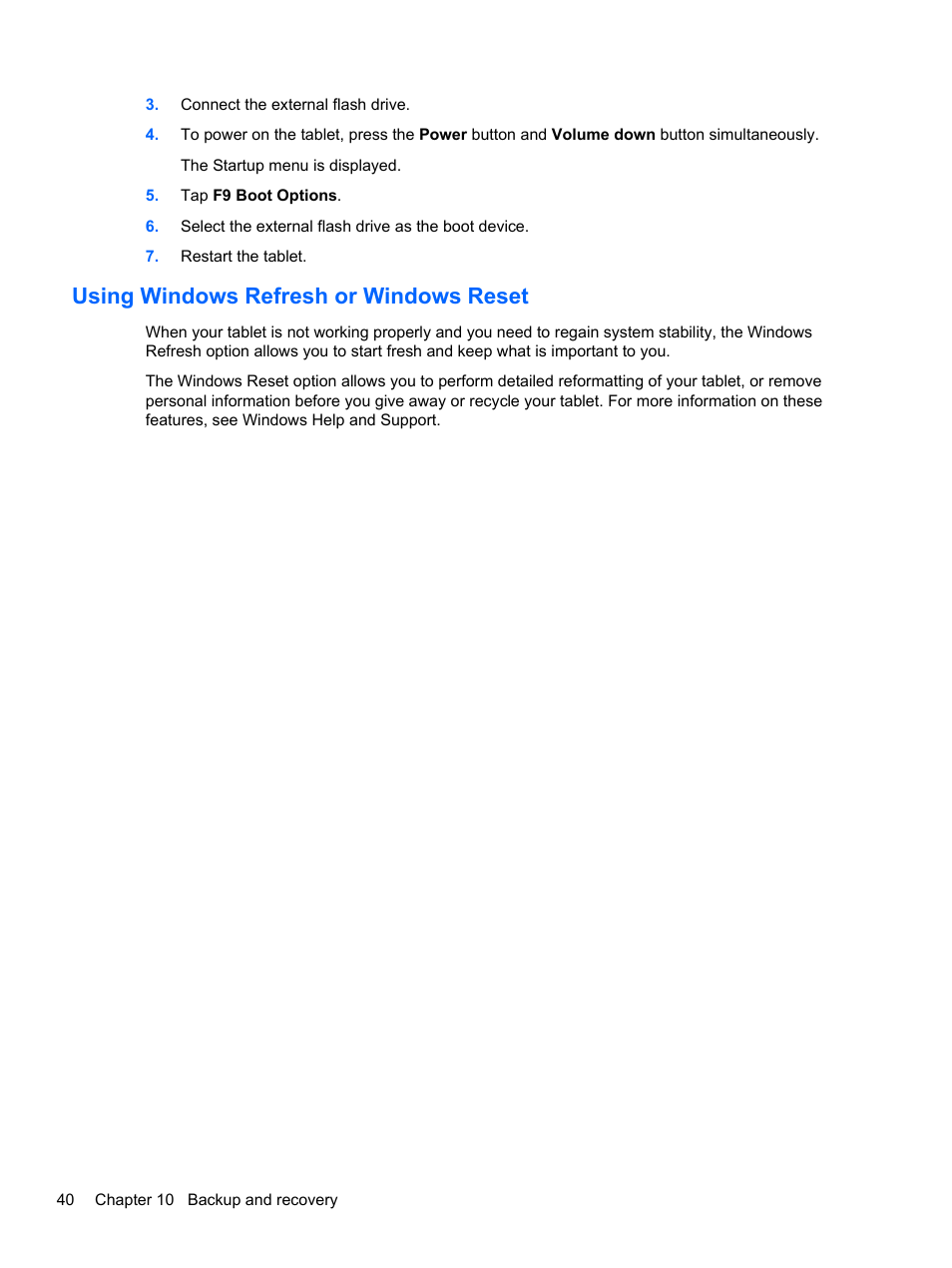 Using windows refresh or windows reset | HP ElitePad 1000 G2 Tablet User Manual | Page 48 / 58