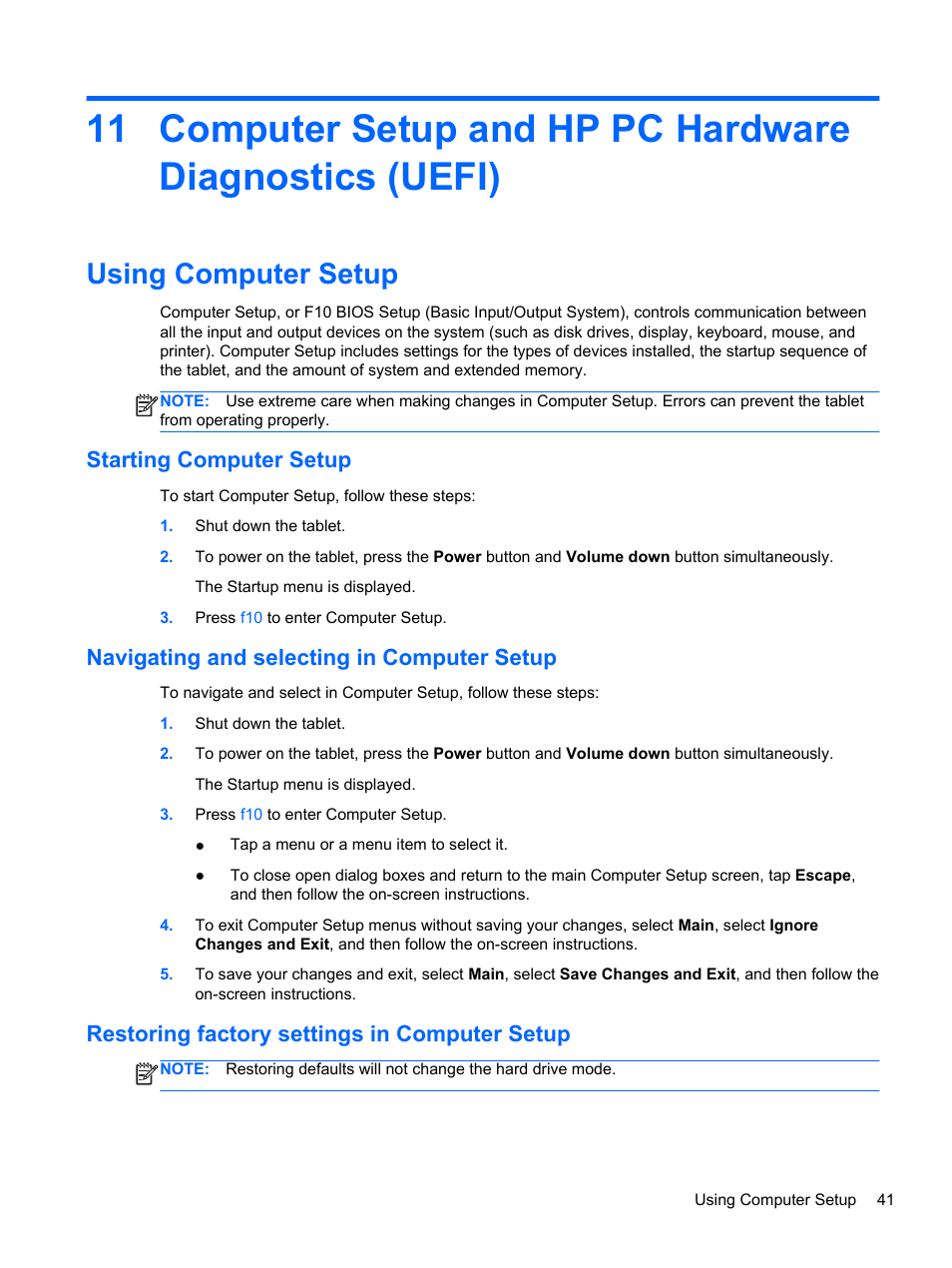 Using computer setup, Starting computer setup, Navigating and selecting in computer setup | Restoring factory settings in computer setup | HP ElitePad 1000 G2 Tablet User Manual | Page 49 / 58