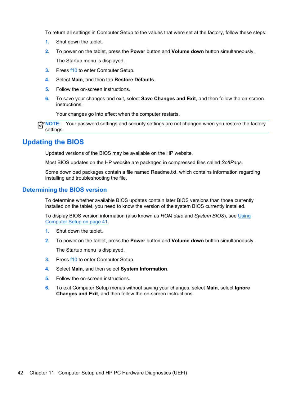 Updating the bios, Determining the bios version | HP ElitePad 1000 G2 Tablet User Manual | Page 50 / 58