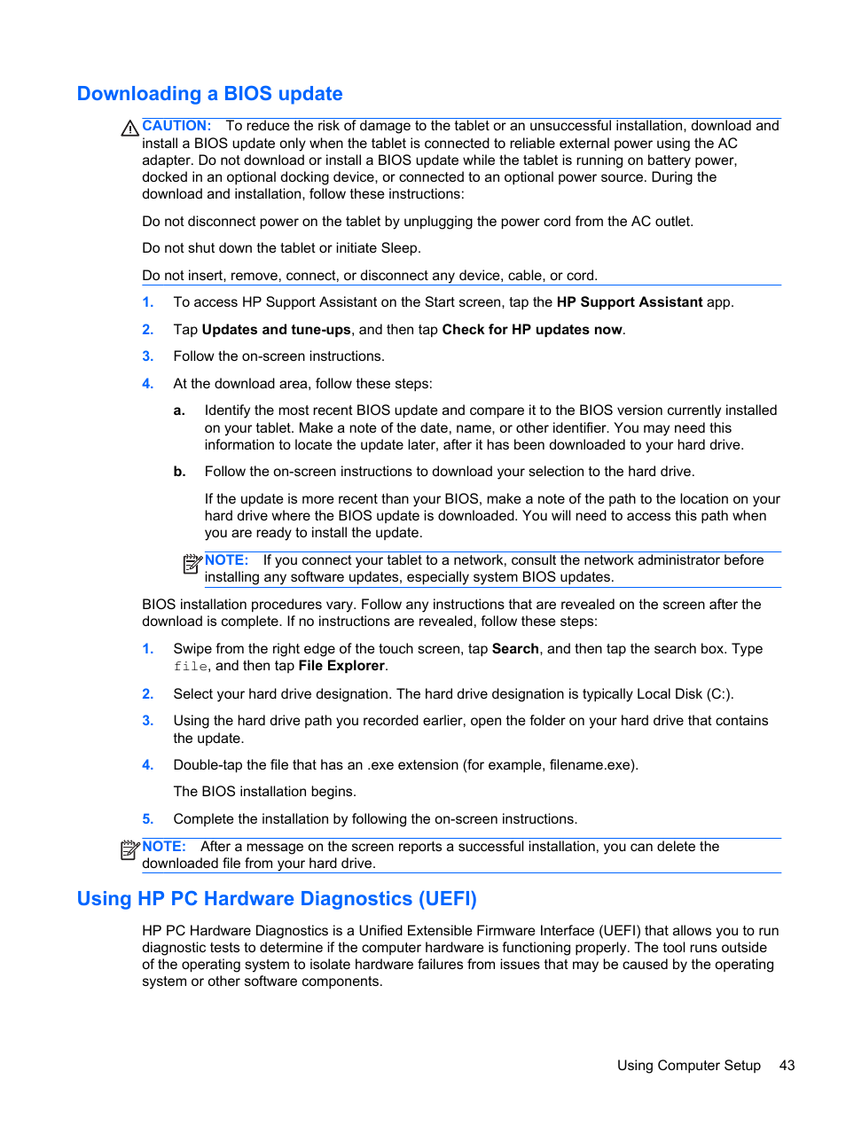Downloading a bios update, Using hp pc hardware diagnostics (uefi) | HP ElitePad 1000 G2 Tablet User Manual | Page 51 / 58