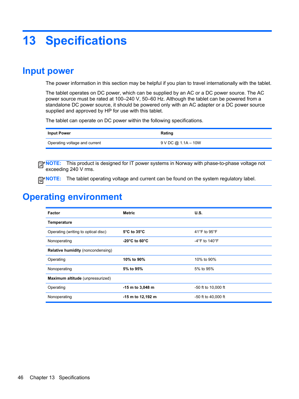 Specifications, Input power, Operating environment | 13 specifications, Input power operating environment | HP ElitePad 1000 G2 Tablet User Manual | Page 54 / 58