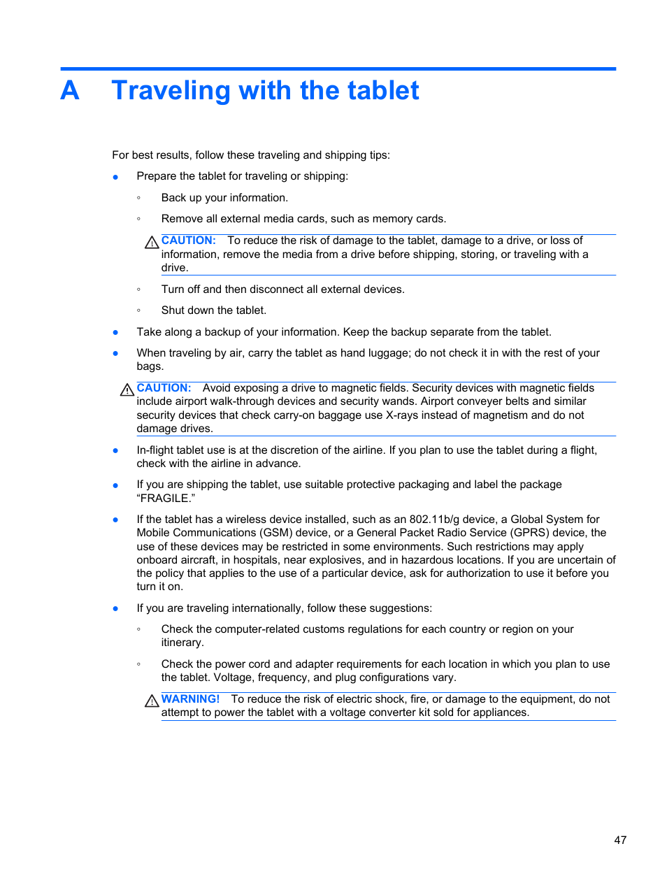 Traveling with the tablet, Appendix a traveling with the tablet, Atraveling with the tablet | HP ElitePad 1000 G2 Tablet User Manual | Page 55 / 58