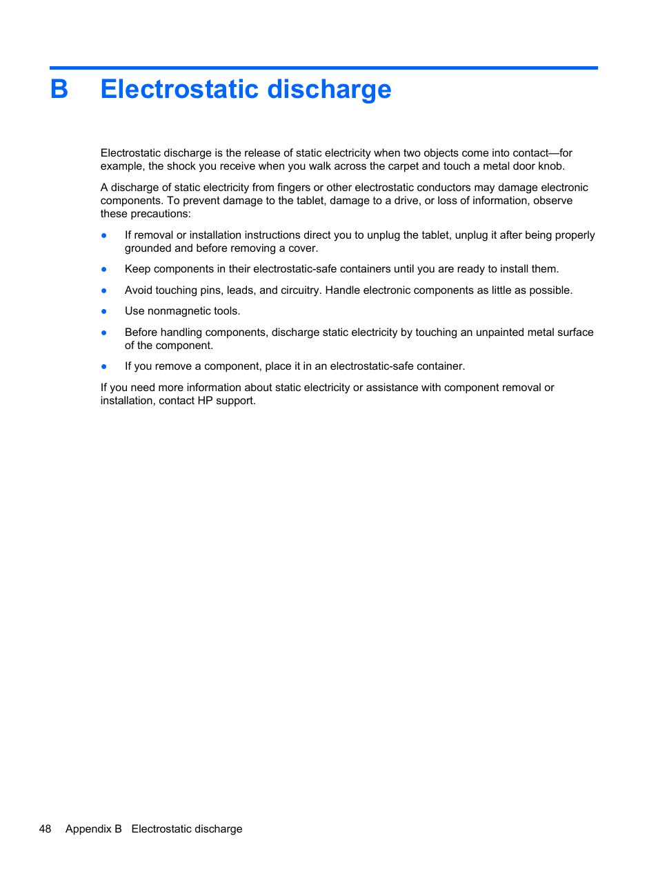 Electrostatic discharge, Appendix b electrostatic discharge, Belectrostatic discharge | HP ElitePad 1000 G2 Tablet User Manual | Page 56 / 58