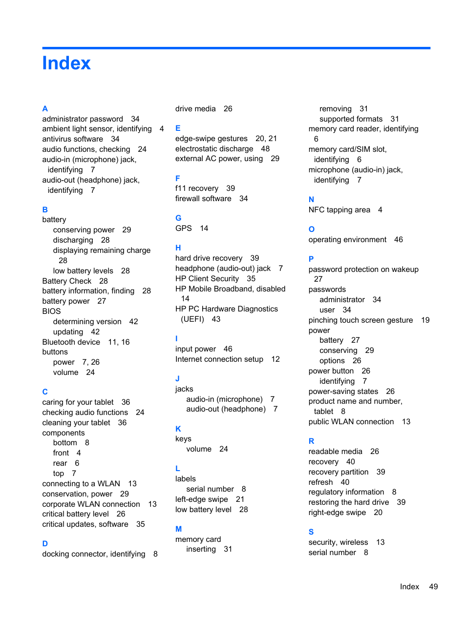 Index | HP ElitePad 1000 G2 Tablet User Manual | Page 57 / 58