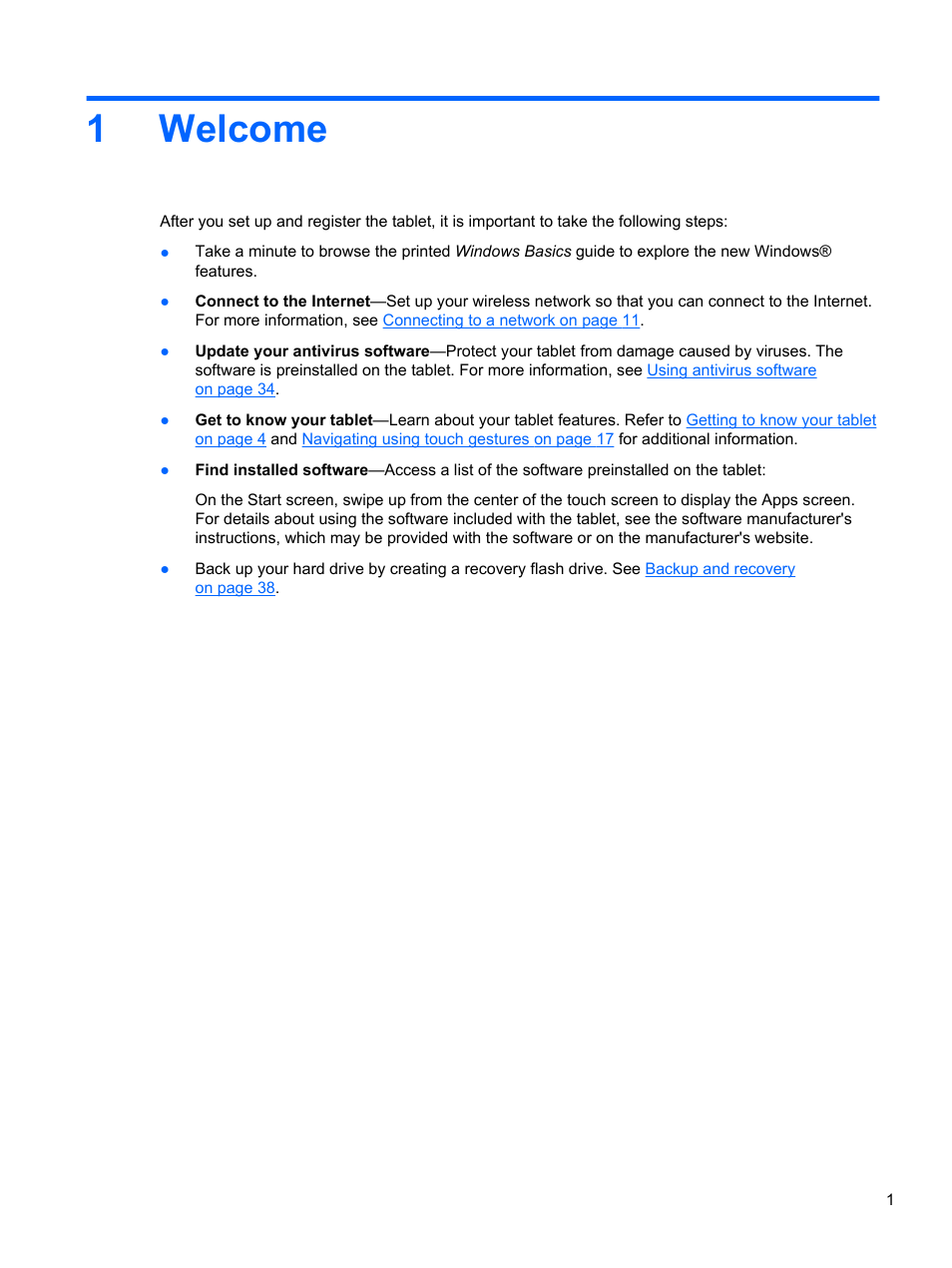 Welcome, 1 welcome, 1welcome | HP ElitePad 1000 G2 Tablet User Manual | Page 9 / 58