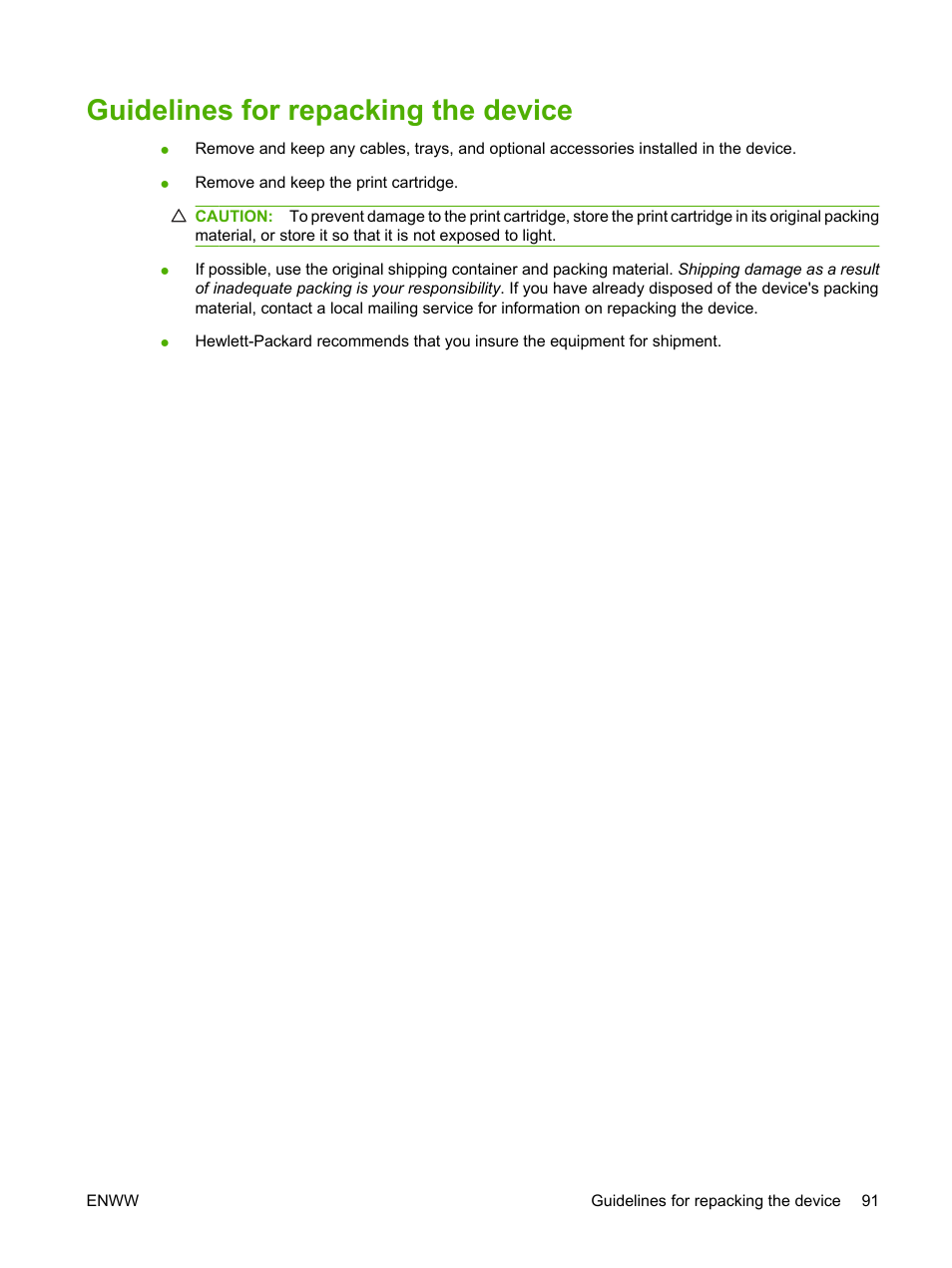 Guidelines for repacking the device | HP LaserJet P1007 Printer User Manual | Page 101 / 120