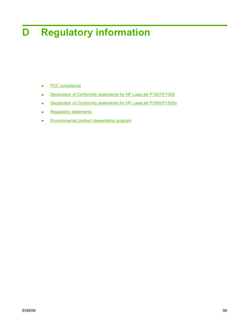 Regulatory information, Appendix d regulatory information, Dregulatory information | HP LaserJet P1007 Printer User Manual | Page 105 / 120