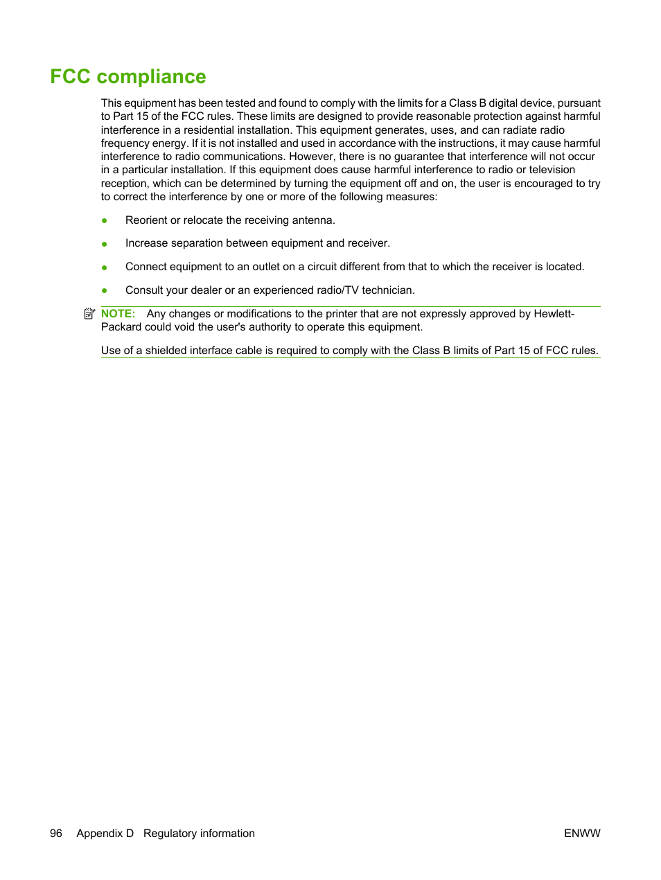 Fcc compliance | HP LaserJet P1007 Printer User Manual | Page 106 / 120