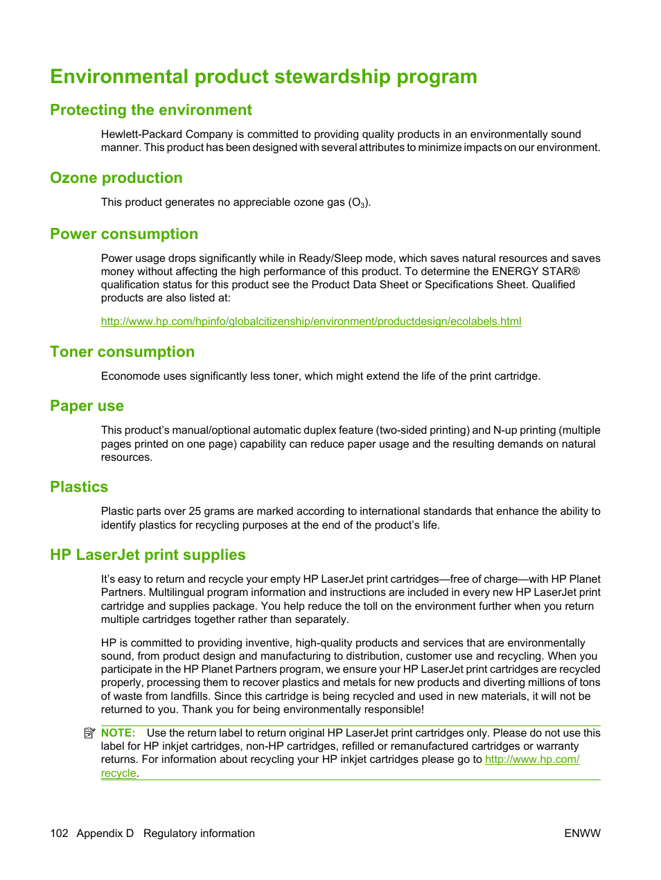 Environmental product stewardship program, Protecting the environment, Ozone production | Power consumption, Toner consumption, Paper use, Plastics, Hp laserjet print supplies, Plastics hp laserjet print supplies | HP LaserJet P1007 Printer User Manual | Page 112 / 120