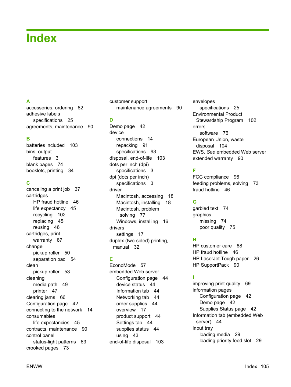 Index | HP LaserJet P1007 Printer User Manual | Page 115 / 120