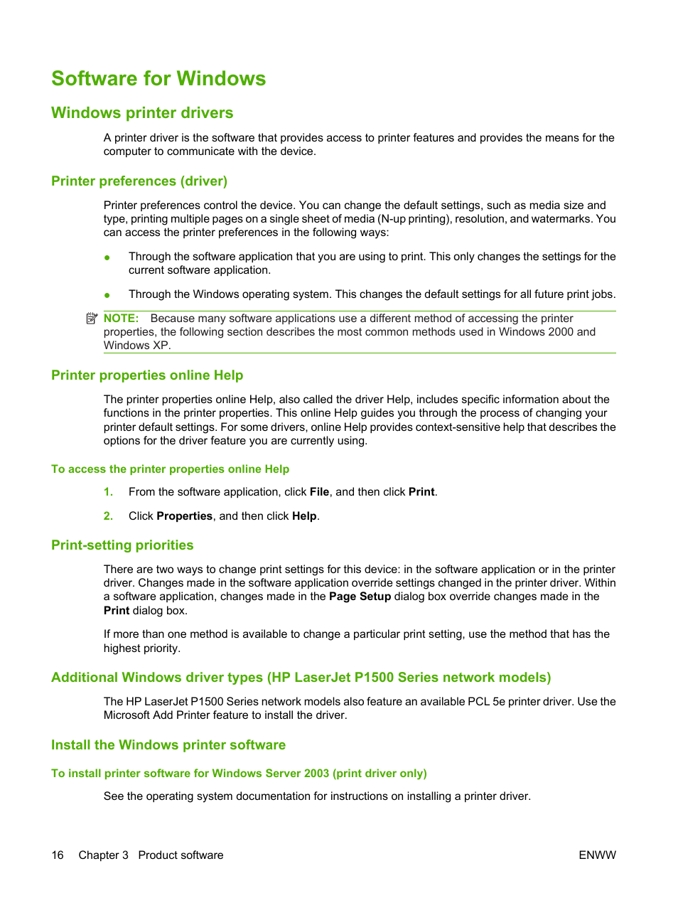 Software for windows, Windows printer drivers, Printer preferences (driver) | Printer properties online help, Print-setting priorities, Install the windows printer software | HP LaserJet P1007 Printer User Manual | Page 26 / 120