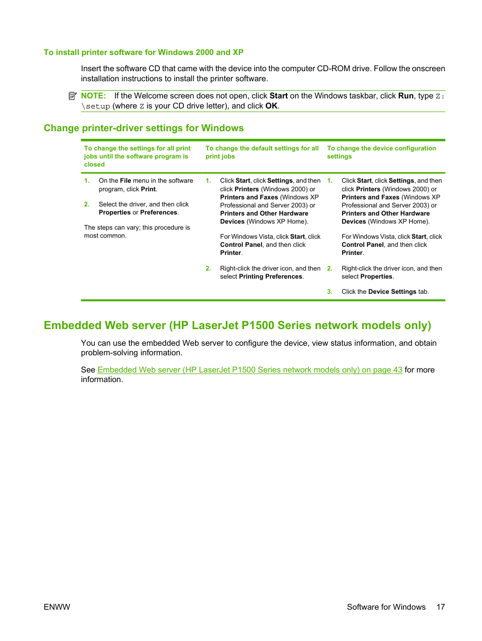 Change printer-driver settings for windows | HP LaserJet P1007 Printer User Manual | Page 27 / 120