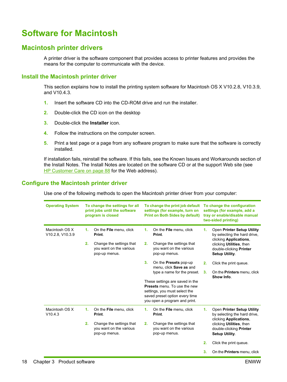 Software for macintosh, Macintosh printer drivers, Install the macintosh printer driver | Configure the macintosh printer driver | HP LaserJet P1007 Printer User Manual | Page 28 / 120
