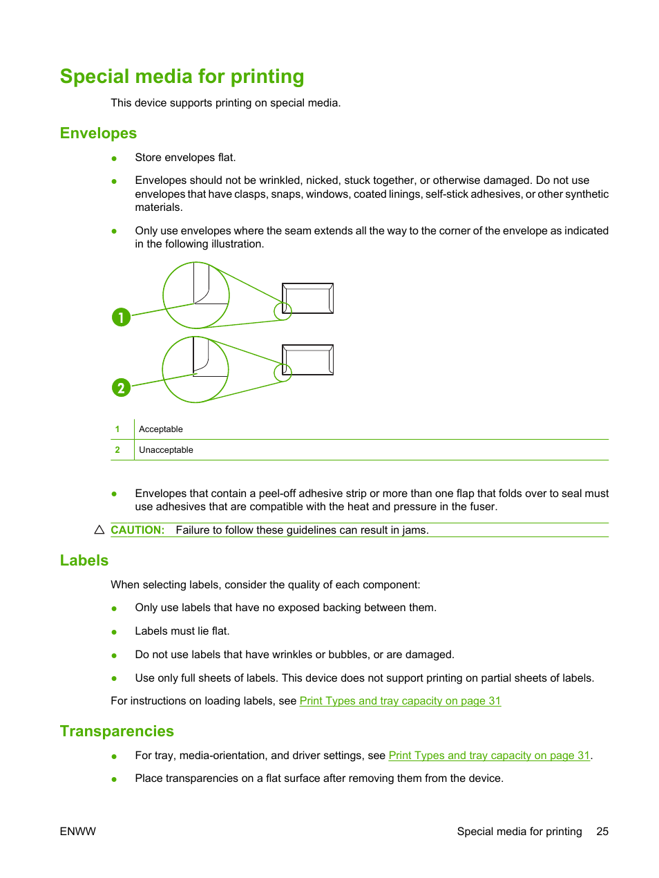Special media for printing, Envelopes, Labels | Transparencies, Envelopes labels transparencies | HP LaserJet P1007 Printer User Manual | Page 35 / 120