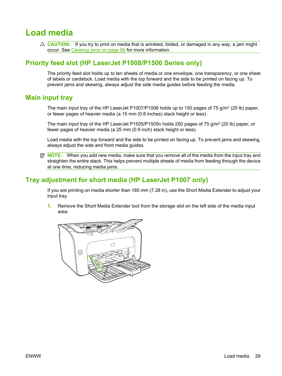 Load media, Main input tray | HP LaserJet P1007 Printer User Manual | Page 39 / 120