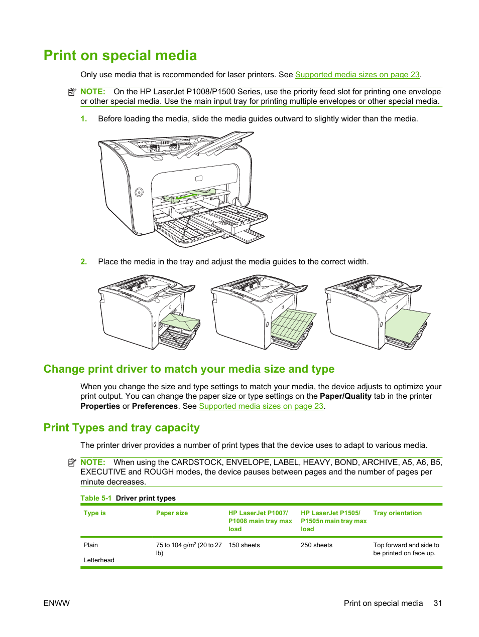 Print on special media, Print types and tray capacity | HP LaserJet P1007 Printer User Manual | Page 41 / 120