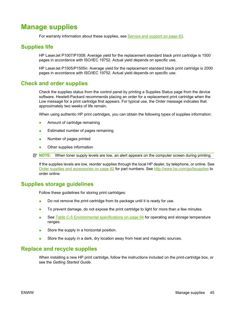 Manage supplies, Supplies life, Check and order supplies | Supplies storage guidelines, Replace and recycle supplies | HP LaserJet P1007 Printer User Manual | Page 55 / 120