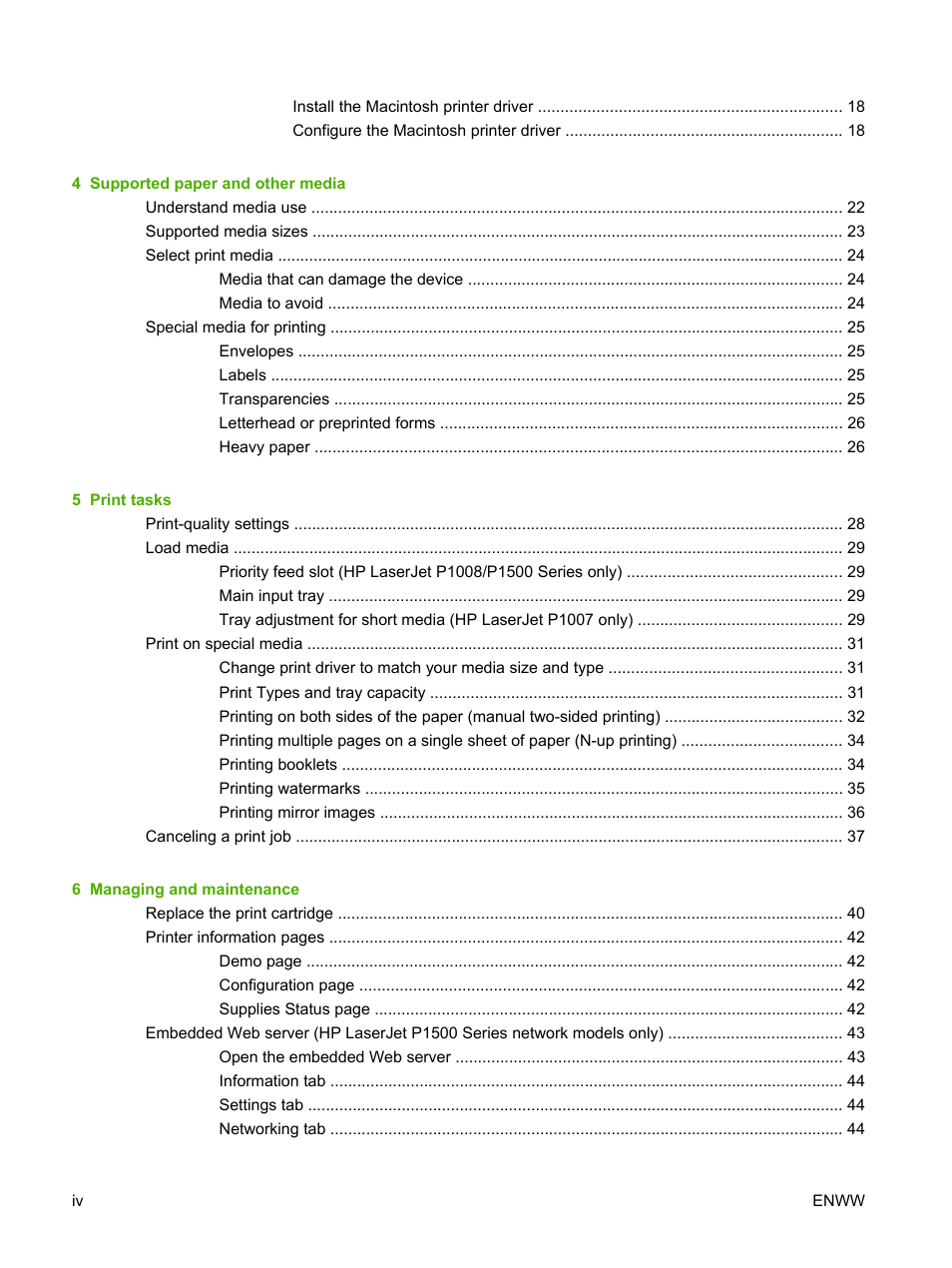 HP LaserJet P1007 Printer User Manual | Page 6 / 120