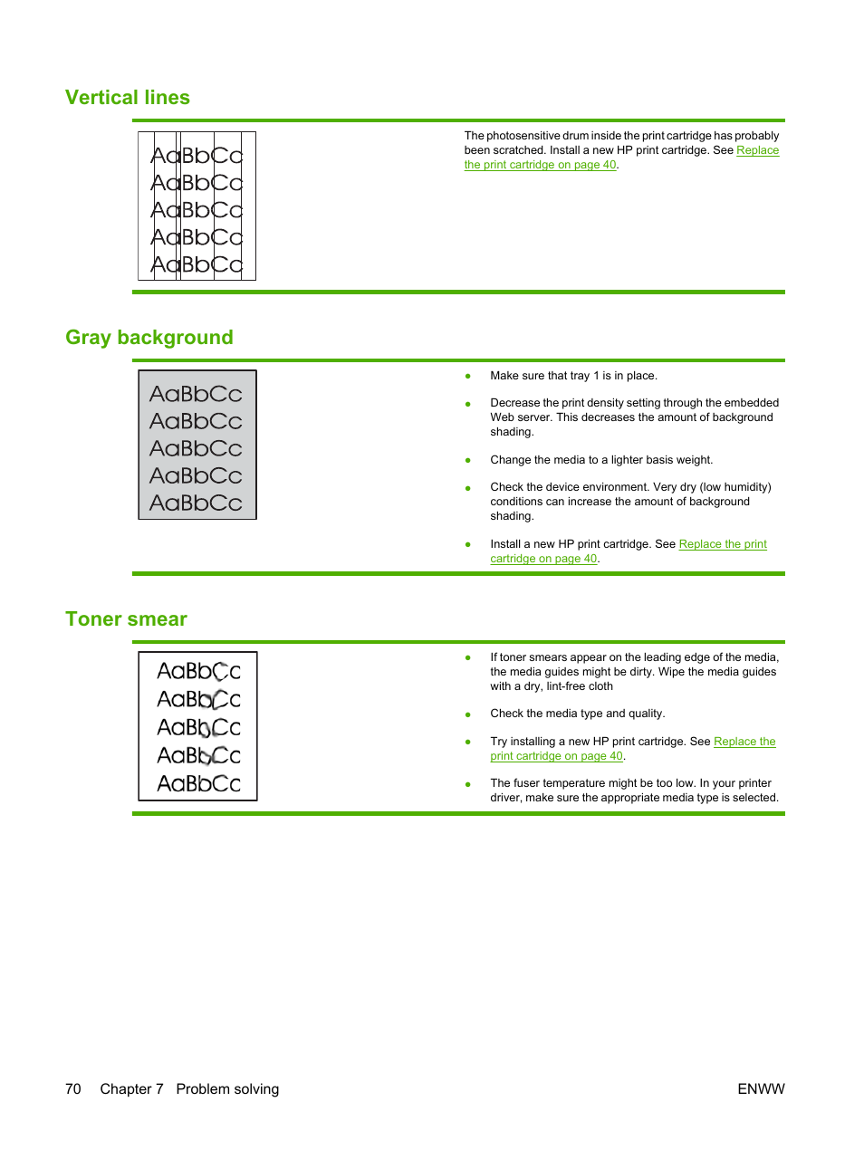 Vertical lines, Gray background, Toner smear | Vertical lines gray background toner smear | HP LaserJet P1007 Printer User Manual | Page 80 / 120