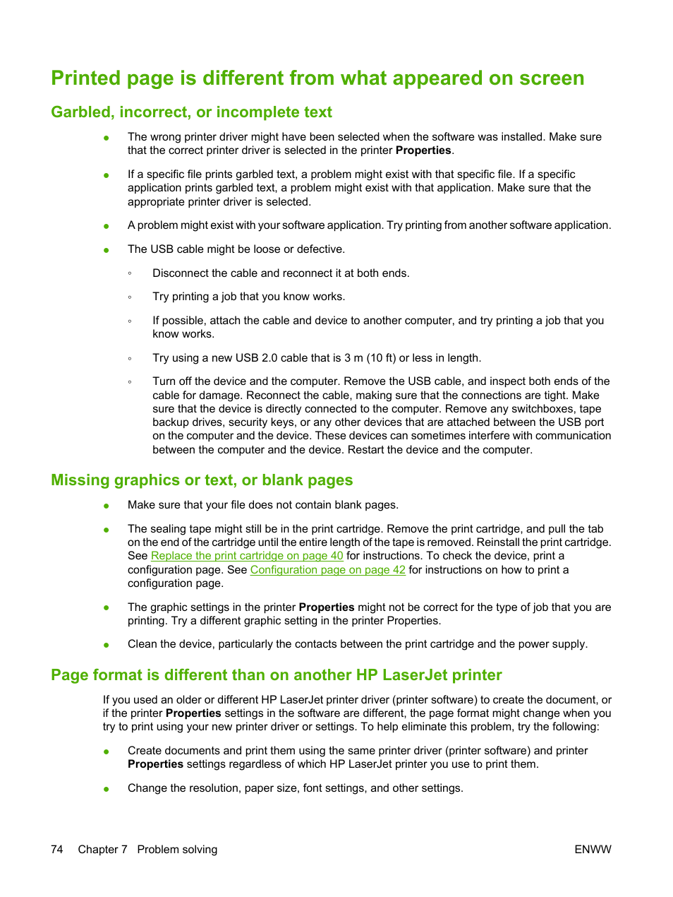 Garbled, incorrect, or incomplete text, Printed, Missing graphics or text, or blank pages | HP LaserJet P1007 Printer User Manual | Page 84 / 120