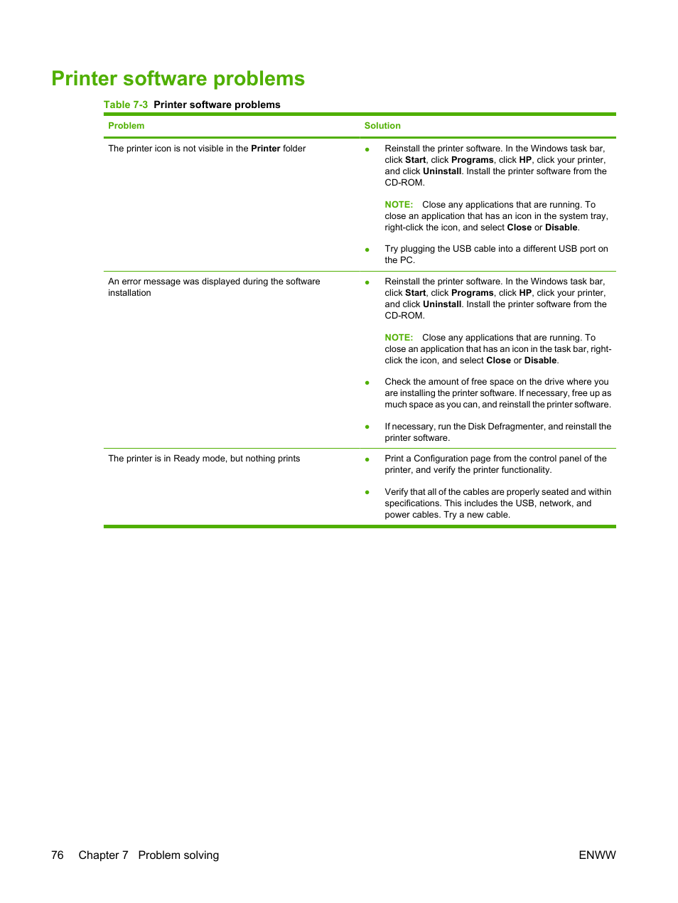 Printer software problems, Print, see | HP LaserJet P1007 Printer User Manual | Page 86 / 120