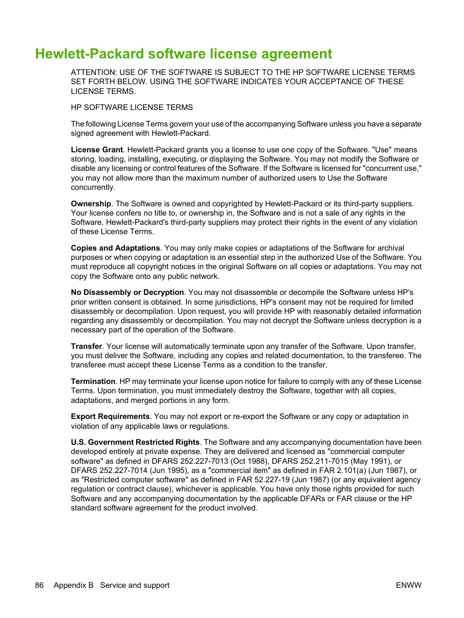 Hewlett-packard software license agreement | HP LaserJet P1007 Printer User Manual | Page 96 / 120