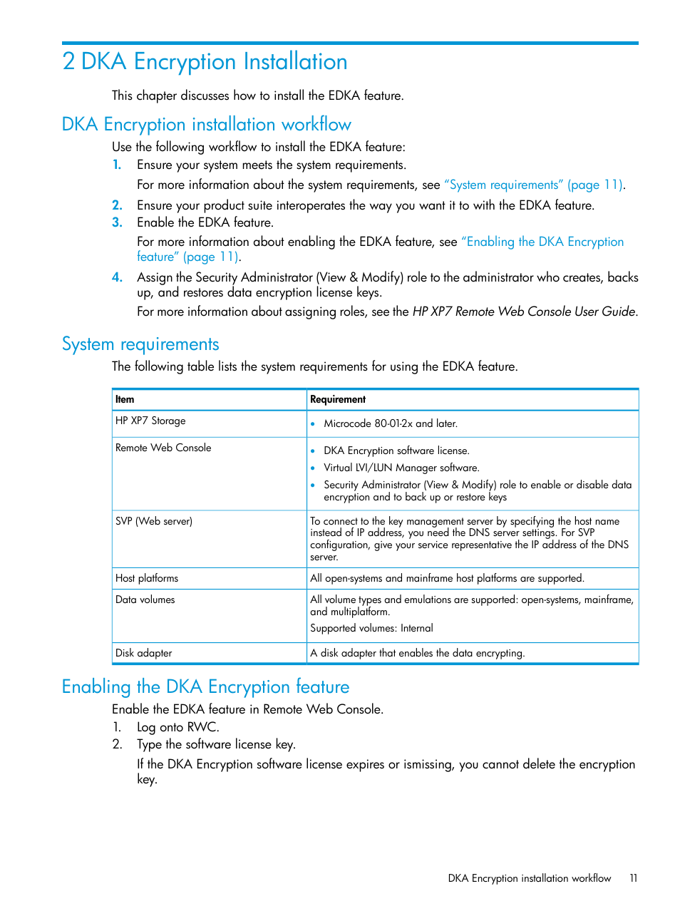 2 dka encryption installation, Dka encryption installation workflow, System requirements | Enabling the dka encryption feature | HP XP7 Storage User Manual | Page 11 / 68