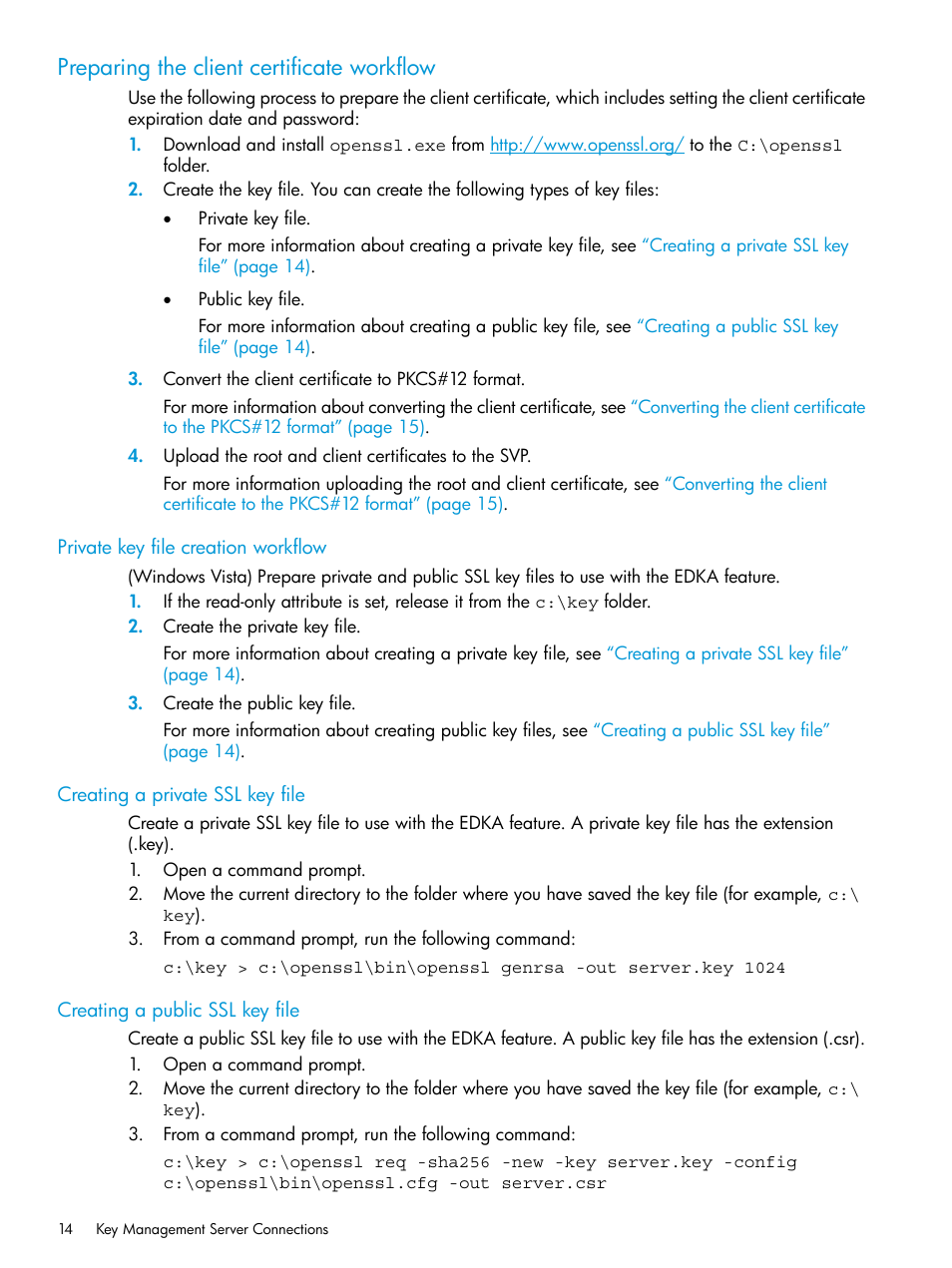 Preparing the client certificate workflow, Private key file creation workflow, Creating a private ssl key file | Creating a public ssl key file | HP XP7 Storage User Manual | Page 14 / 68