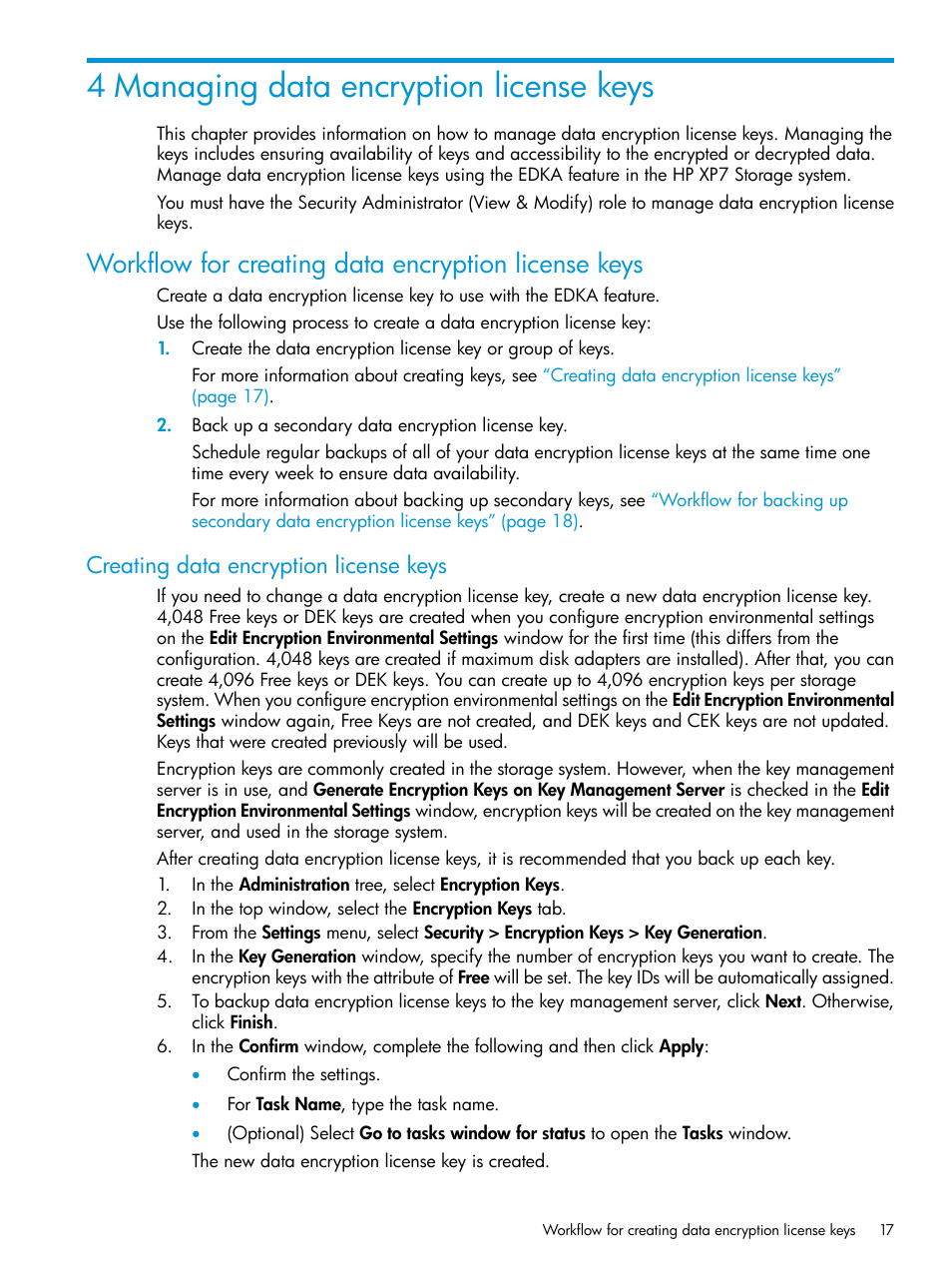 4 managing data encryption license keys, Workflow for creating data encryption license keys, Creating data encryption license keys | HP XP7 Storage User Manual | Page 17 / 68
