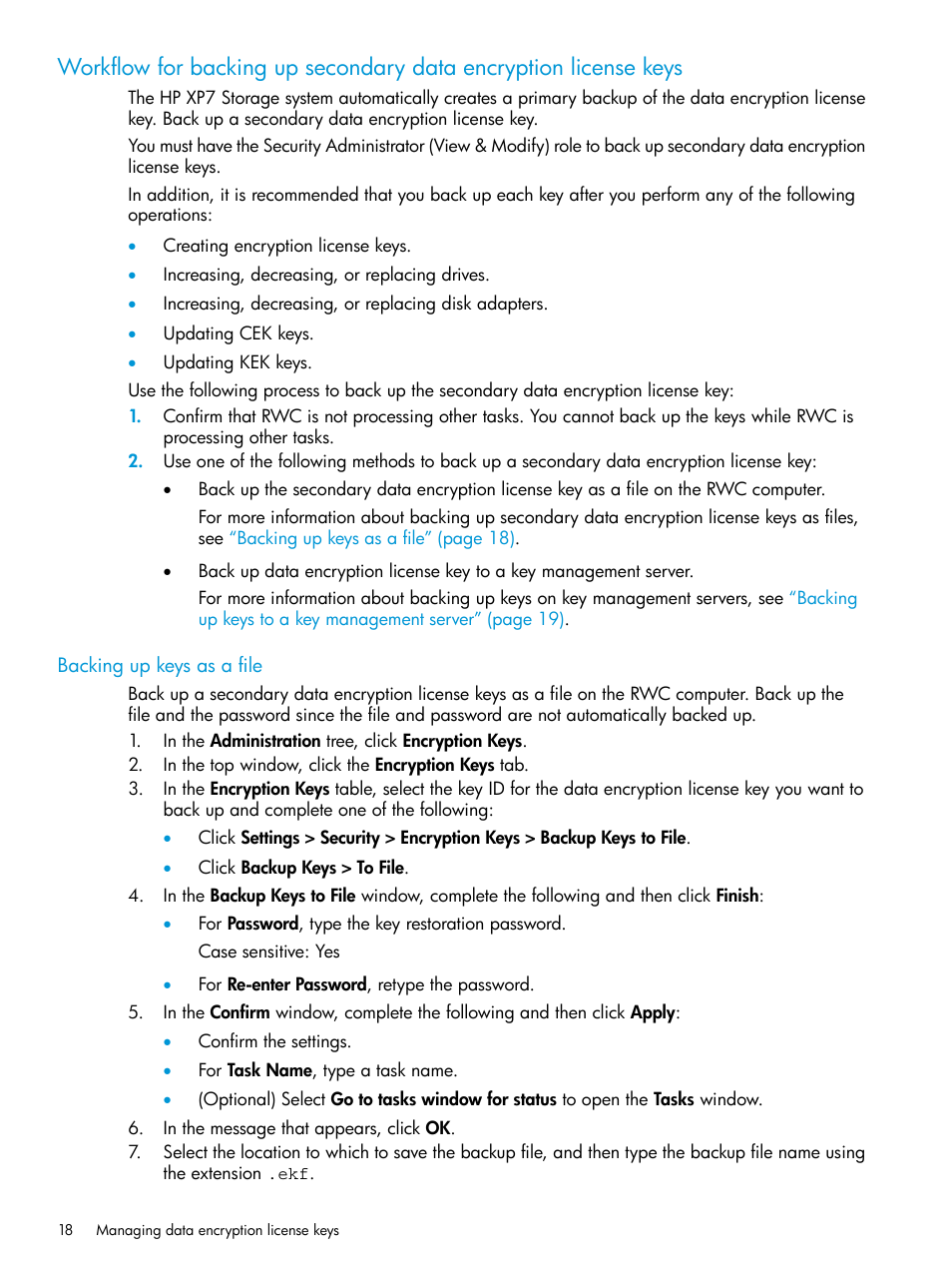 Backing up keys as a file, Workflow, Workflow for backing up | HP XP7 Storage User Manual | Page 18 / 68