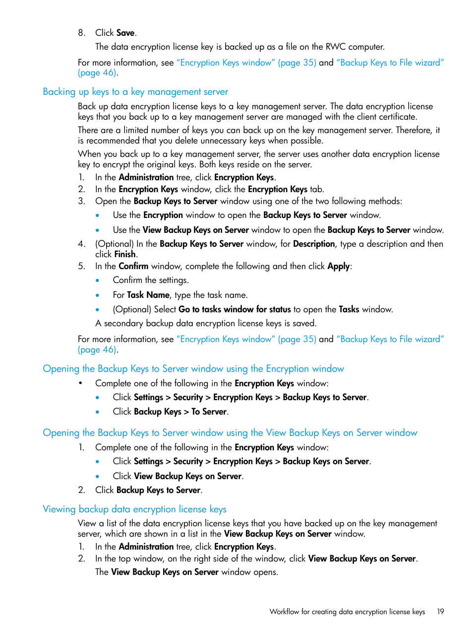 Backing up keys to a key management server, Viewing backup data encryption license keys, Backing | HP XP7 Storage User Manual | Page 19 / 68