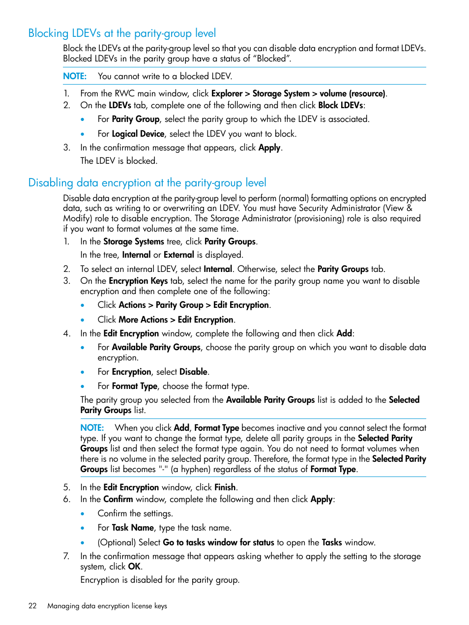 Blocking ldevs at the parity-group level, Disabling data encryption at the | HP XP7 Storage User Manual | Page 22 / 68