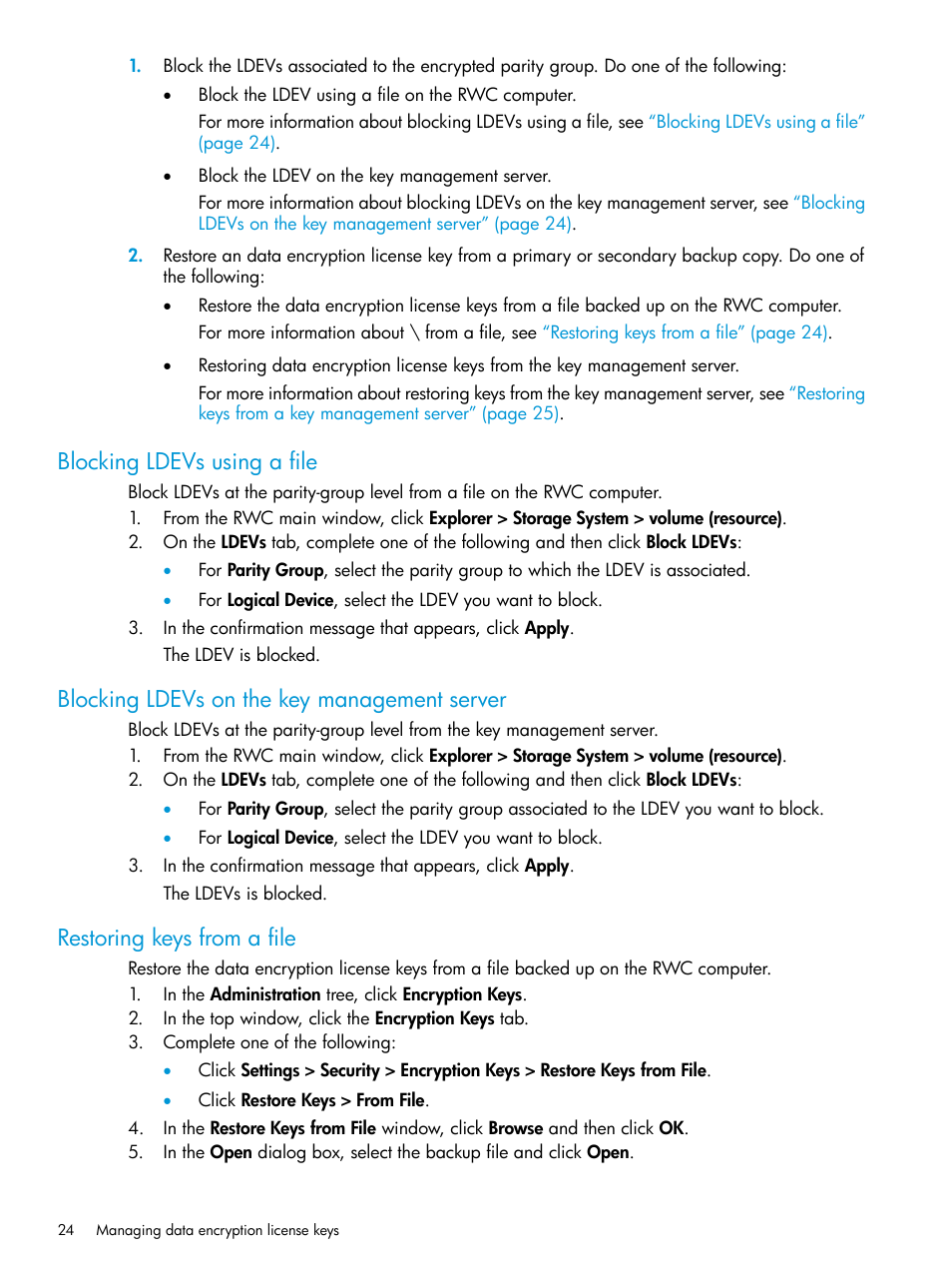 Blocking ldevs using a file, Blocking ldevs on the key management server, Restoring keys from a file | Blocking | HP XP7 Storage User Manual | Page 24 / 68