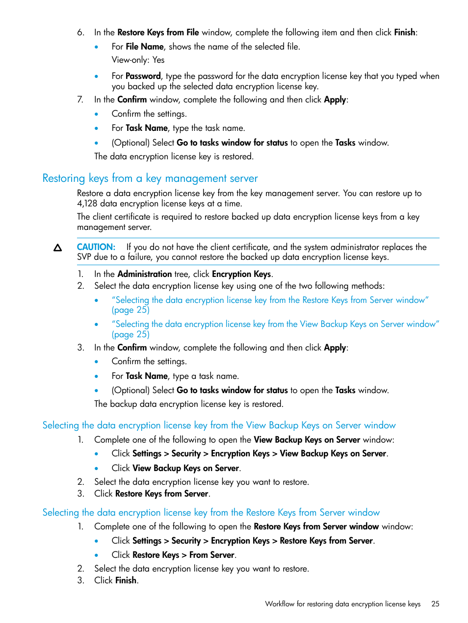 Restoring keys from a key management server, Restoring | HP XP7 Storage User Manual | Page 25 / 68