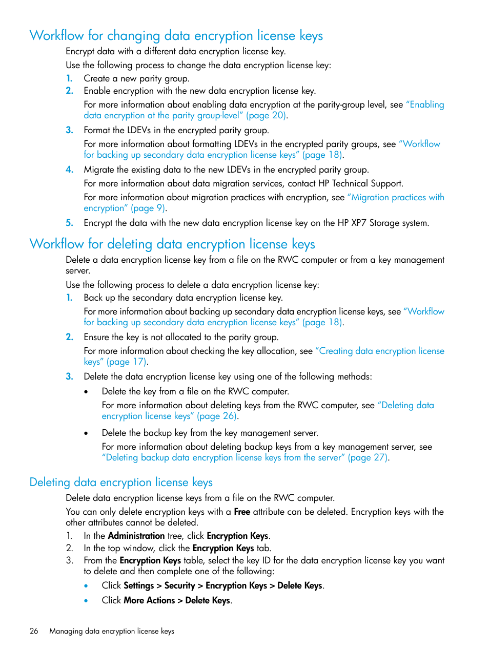 Workflow for changing data encryption license keys, Workflow for deleting data encryption license keys, Deleting data encryption license keys | HP XP7 Storage User Manual | Page 26 / 68