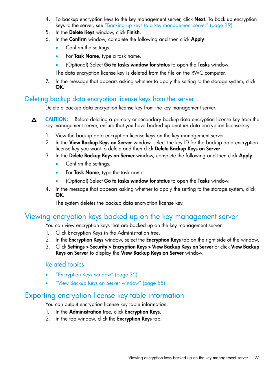 Exporting encryption license key table information, Related topics | HP XP7 Storage User Manual | Page 27 / 68