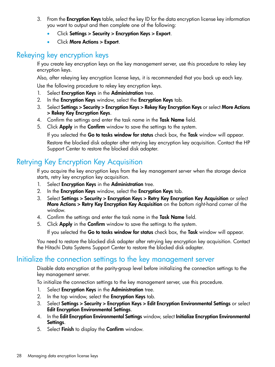 Rekeying key encryption keys, Retrying key encryption key acquisition, Initialize the connection | HP XP7 Storage User Manual | Page 28 / 68