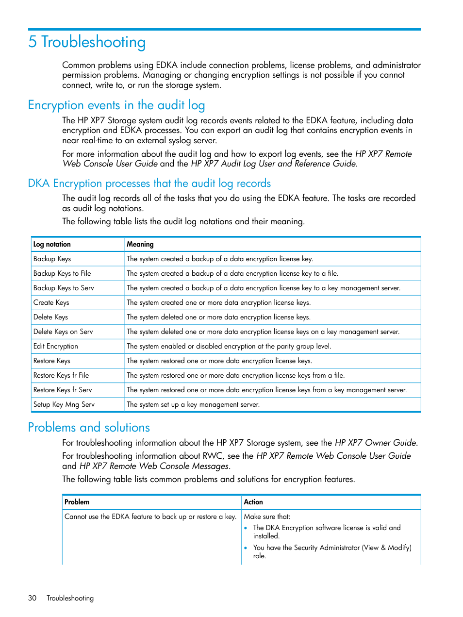 5 troubleshooting, Encryption events in the audit log, Problems and solutions | HP XP7 Storage User Manual | Page 30 / 68