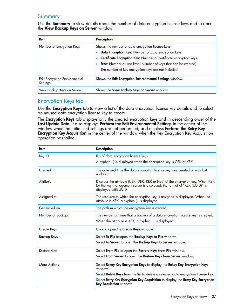 Summary, Encryption keys tab | HP XP7 Storage User Manual | Page 37 / 68