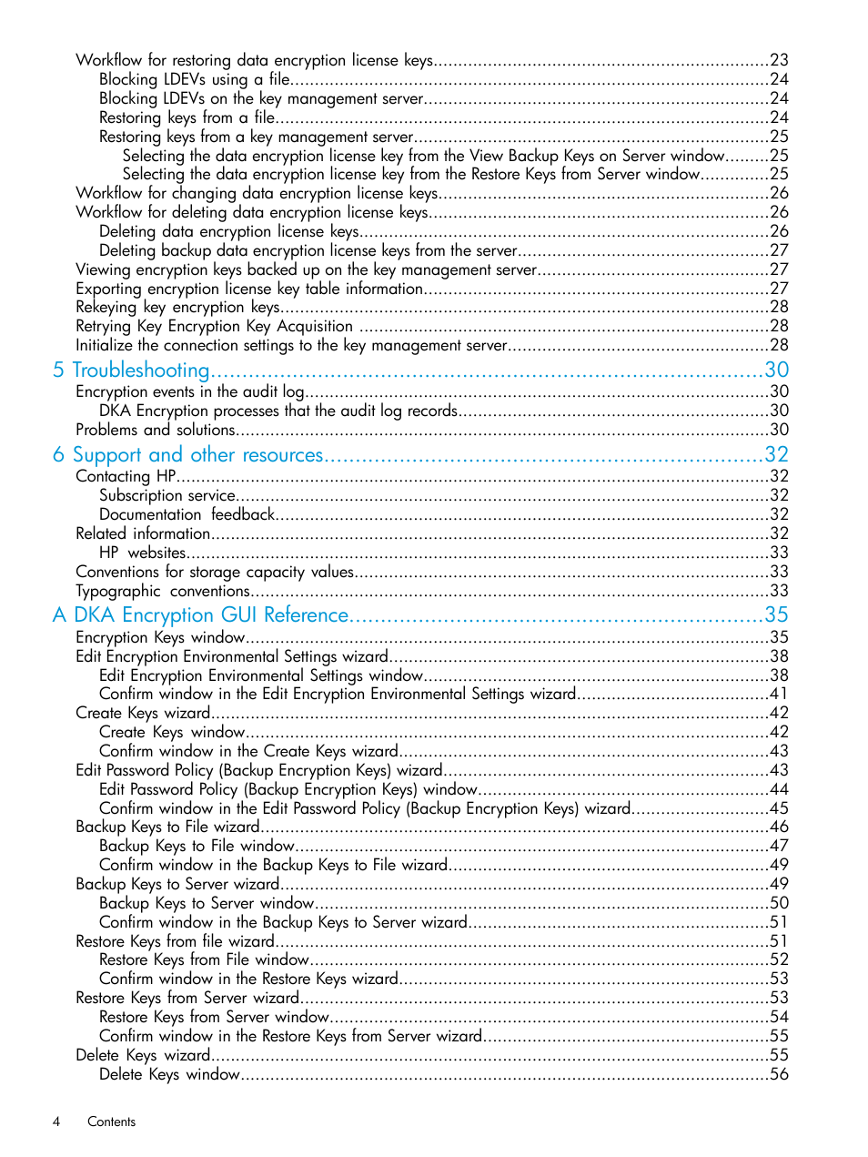 5 troubleshooting, 6 support and other resources, A dka encryption gui reference | HP XP7 Storage User Manual | Page 4 / 68