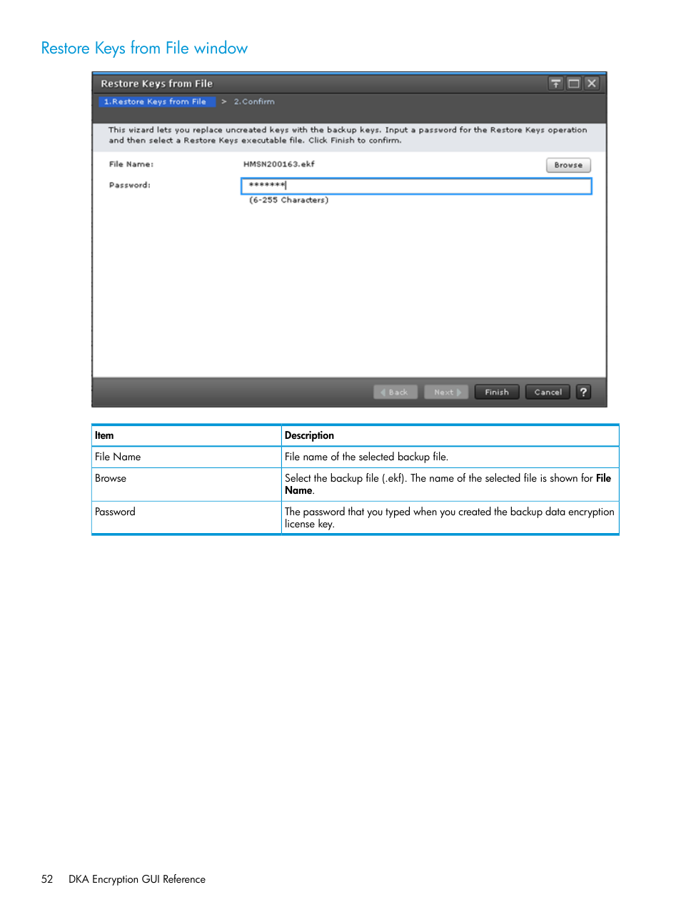 Restore keys from file window | HP XP7 Storage User Manual | Page 52 / 68