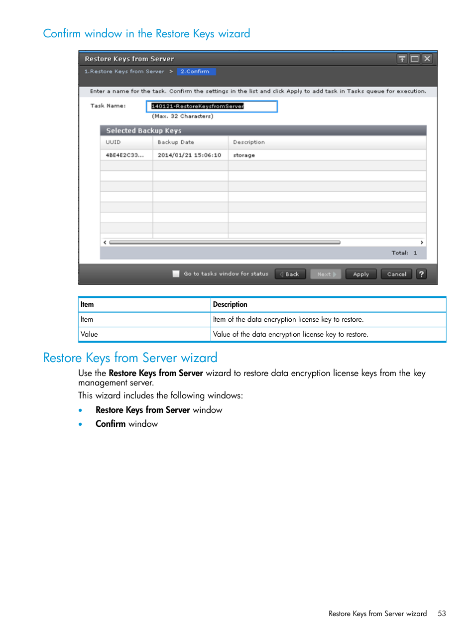 Confirm window in the restore keys wizard, Restore keys from server wizard | HP XP7 Storage User Manual | Page 53 / 68