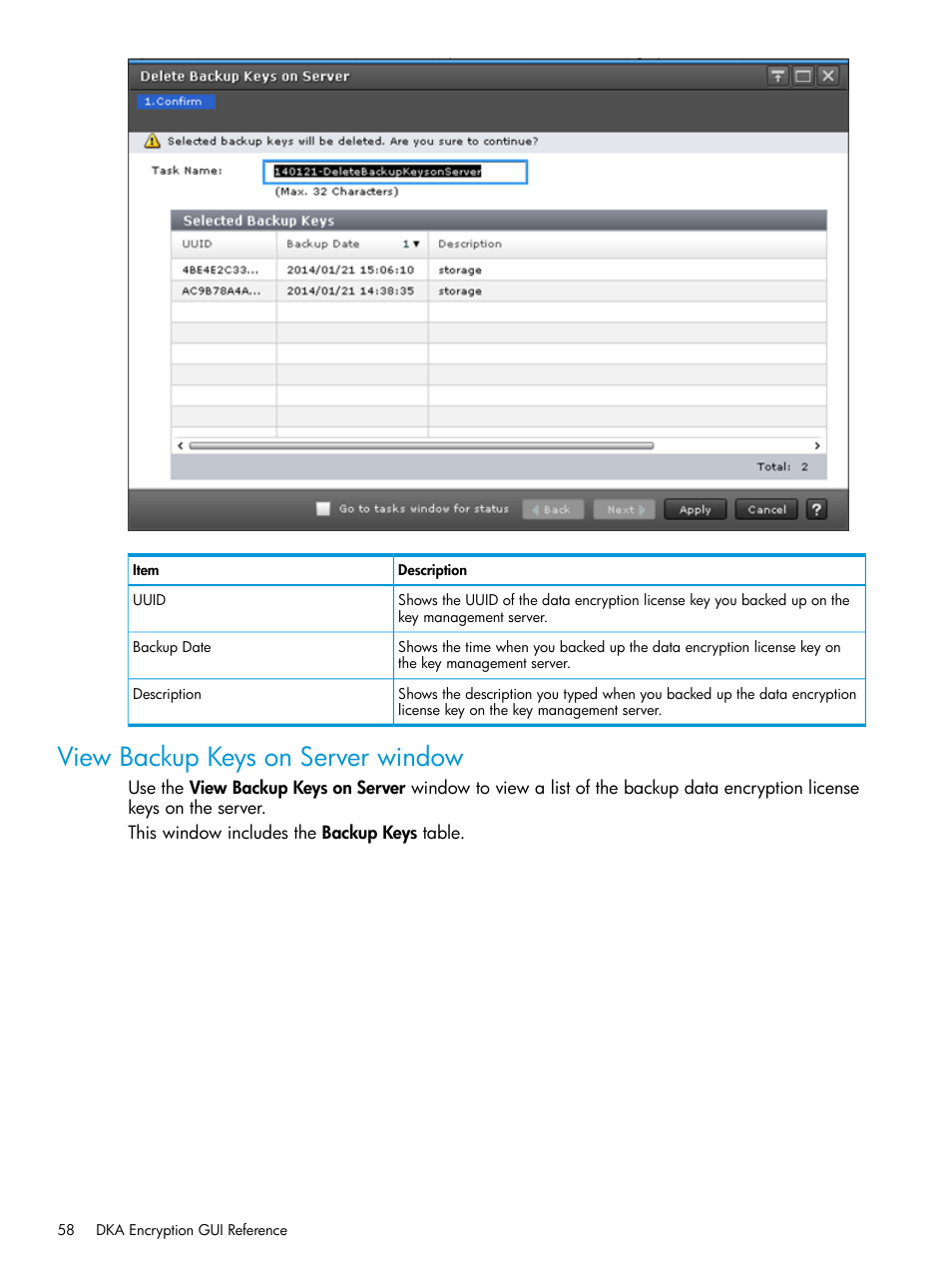 View backup keys on server window | HP XP7 Storage User Manual | Page 58 / 68