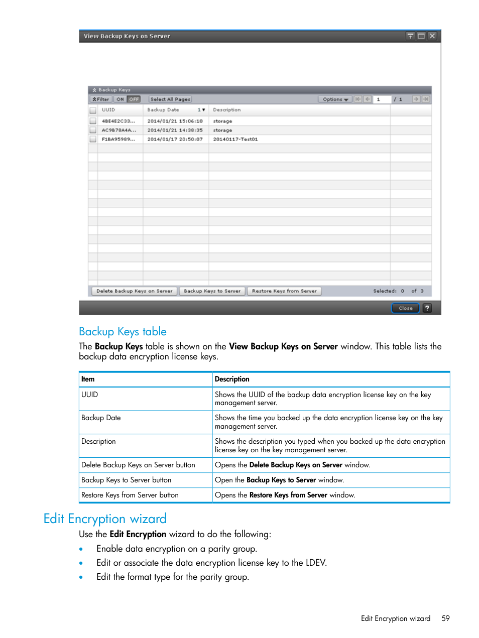 Edit encryption wizard, Backup keys table | HP XP7 Storage User Manual | Page 59 / 68