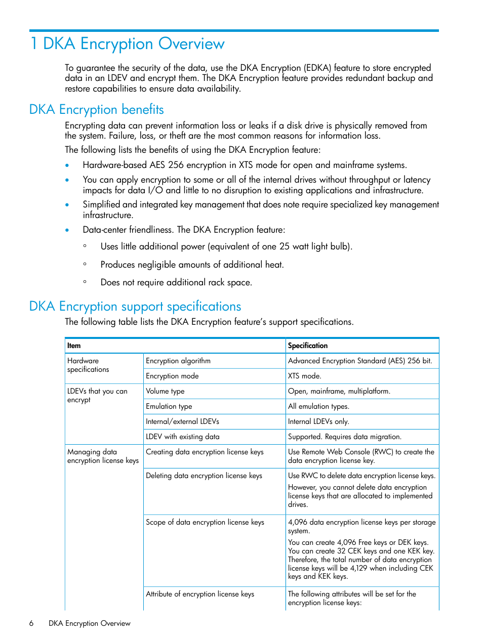 1 dka encryption overview, Dka encryption benefits, Dka encryption support specifications | HP XP7 Storage User Manual | Page 6 / 68