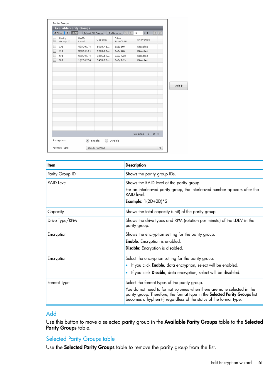 Selected parity groups table | HP XP7 Storage User Manual | Page 61 / 68