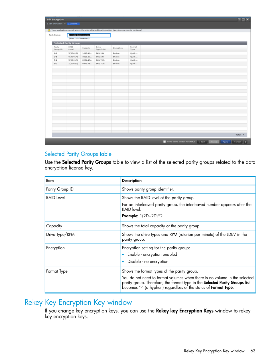 Rekey key encryption key window, Selected parity groups table | HP XP7 Storage User Manual | Page 63 / 68