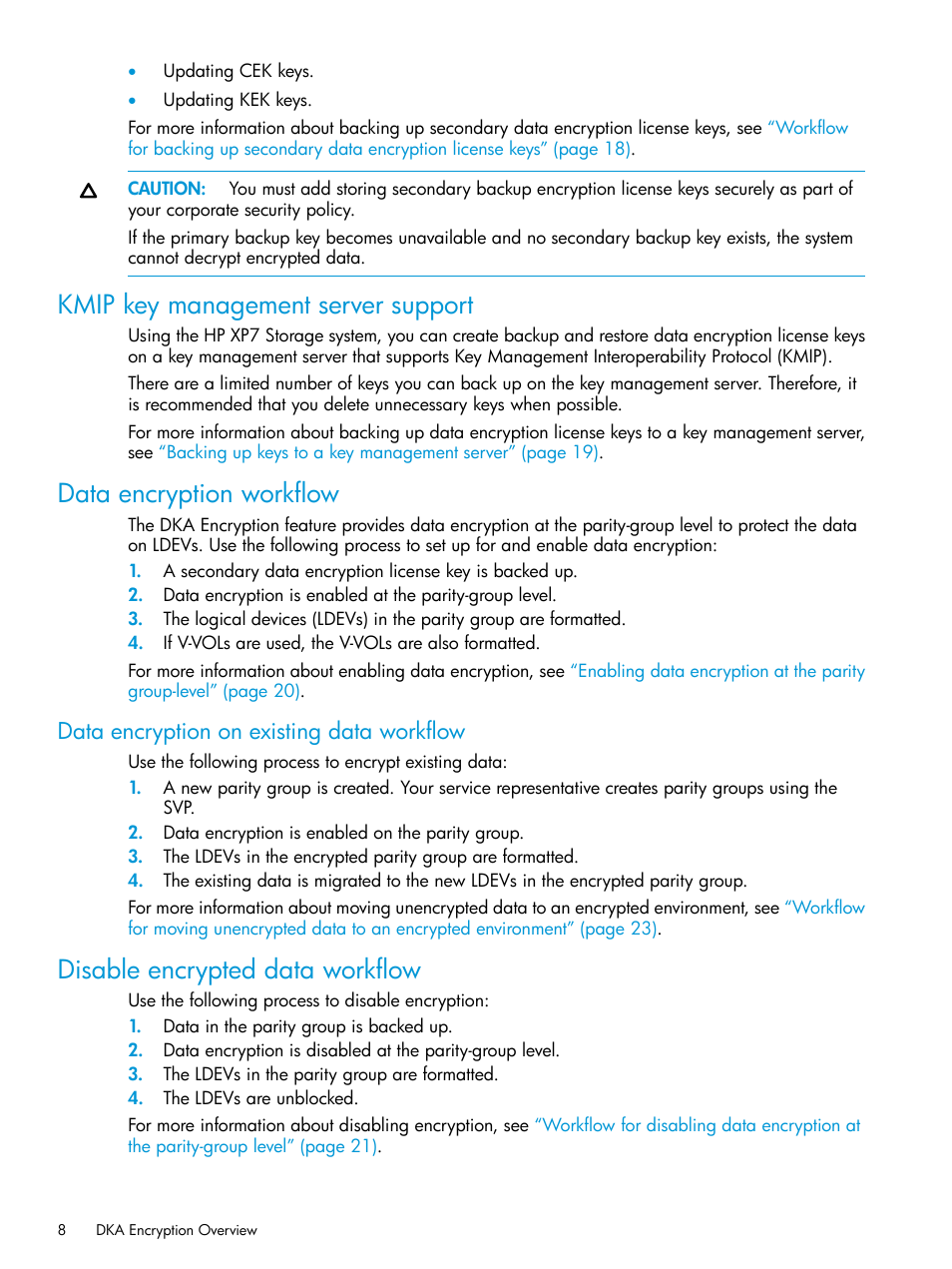 Kmip key management server support, Data encryption workflow, Data encryption on existing data workflow | Disable encrypted data workflow | HP XP7 Storage User Manual | Page 8 / 68
