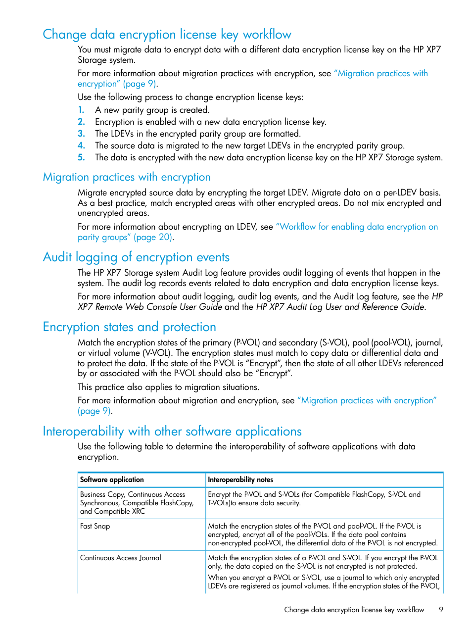 Change data encryption license key workflow, Migration practices with encryption, Audit logging of encryption events | Encryption states and protection, Interoperability with other software applications | HP XP7 Storage User Manual | Page 9 / 68