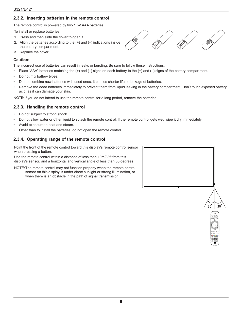 Inserting batteries in the remote control, Handling the remote control, Operating range of the remote control | Inserting batteries in the remote, Control | HP B321 31.5-inch LED Digital Signage Display User Manual | Page 14 / 29